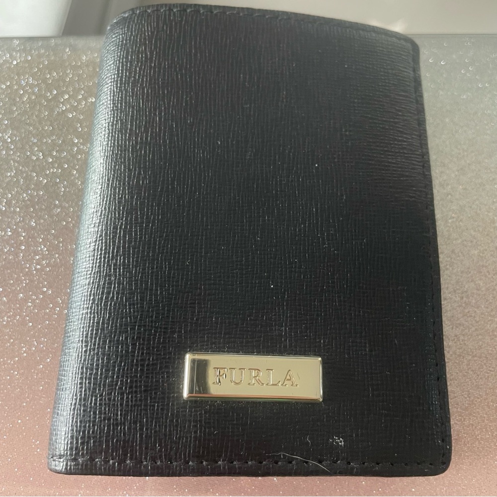 Furla Black Textured Wallet with Gold Accent NEW